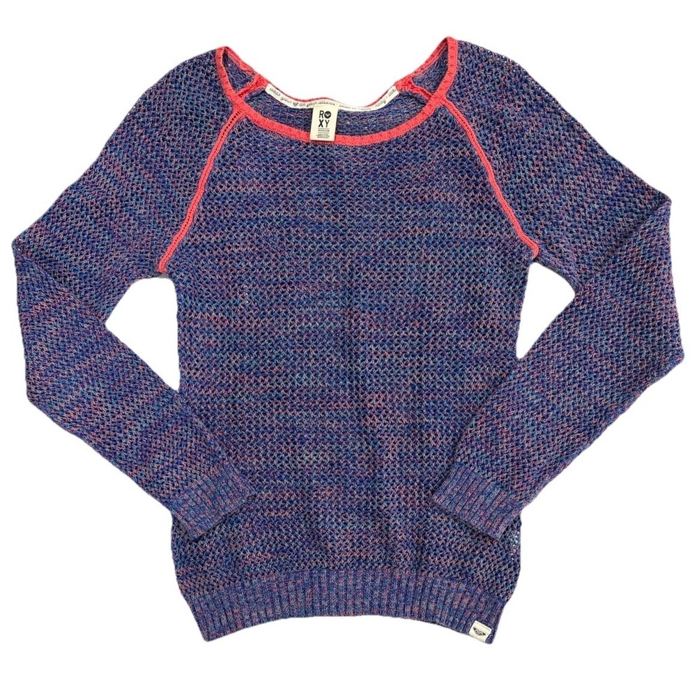 Roxy Open Knit Beach Sweater Purple Pink Marled Raglan Long Sleeve Boat Top Med